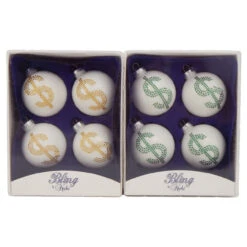 8ct Porcelain White Assorted Rhinestone Dollar Sign Christmas Ball Ornaments 2.5" (67mm)
