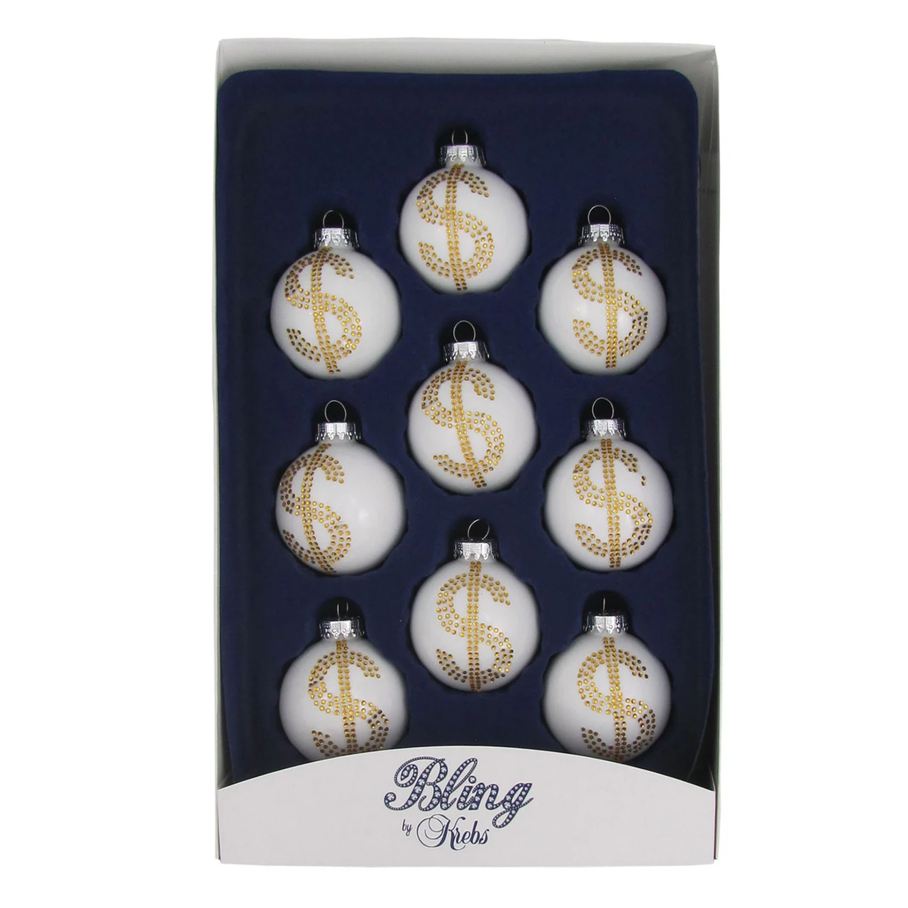 9ct Porcelain White And Gold Rhinestone Dollar Sign Christmas Ball Ornaments 2.25" (57mm) 3 9ct Porcelain White And Gold Rhinestone Dollar Sign Christmas Ball Ornaments 2.25" (57mm)