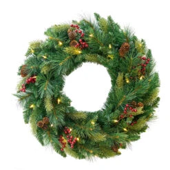 Pre-Lit Pine Artificial Christmas Wreath, 24-Inch, Warm White And Multi LED Lights