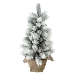 19" Potted Slim Flocked Mini Pine Artificial Christmas Tree In Burlap Base - Unlit