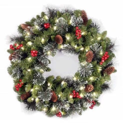 24" Pre-lit Silver Bristle, Pine Cones And Red Berries Battery Operated Artificial Christmas Wreath - LED Lights