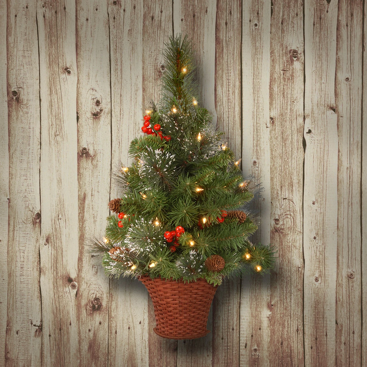 3' X 16" Pre-Lit Crestwood Spruce Artificial Half Tree With Basket - Warm White LED Lights/BO 4 3' X 16" Pre-Lit Crestwood Spruce Artificial Half Tree With Basket - Warm White LED Lights/BO - Image 2