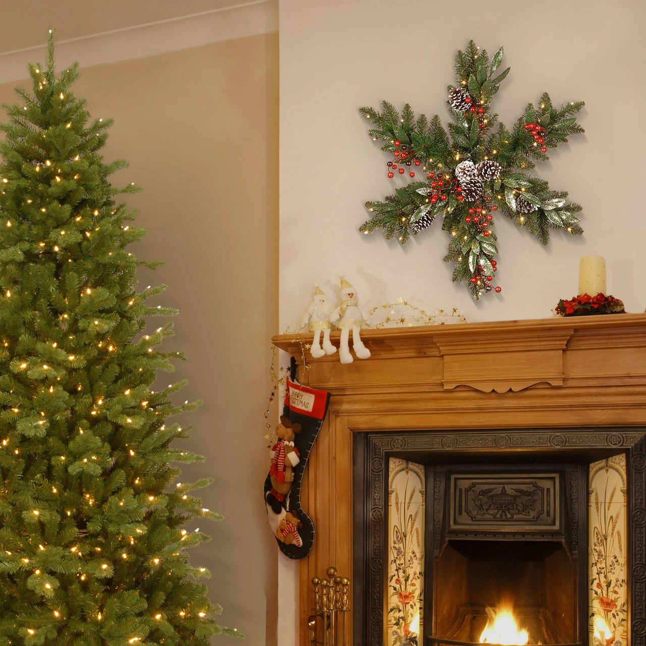 32" Frosted Pine Berry Eucalyptus Snowflake Battery Operated LED Lights Wreath 4 32" Frosted Pine Berry Eucalyptus Snowflake Battery Operated LED Lights Wreath - Image 2