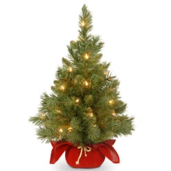 2’ Pre-lit Potted Majestic Fir Tree Artificial Christmas Tree In Burgundy Cloth Bag – Clear Lights