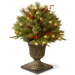 24” Pre-lit Potted Colonial Porch Bush Artificial Christmas Tree – Clear Lights