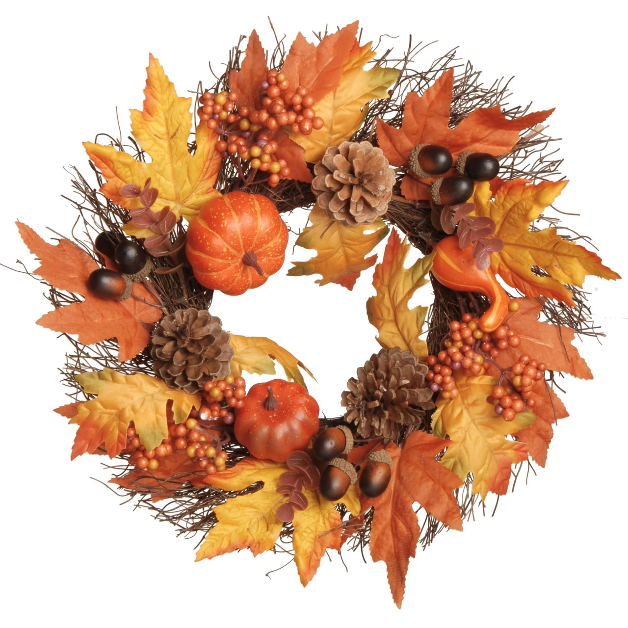 Pumpkins And Maple Leaves Halloween Wreath, Orange And Yellow 16-Inch 3 Pumpkins And Maple Leaves Halloween Wreath, Orange And Yellow 16-Inch