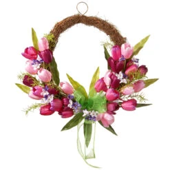 Pink And Green Tulip Twig Artificial Floral Wreath - 20-Inch, Unlit