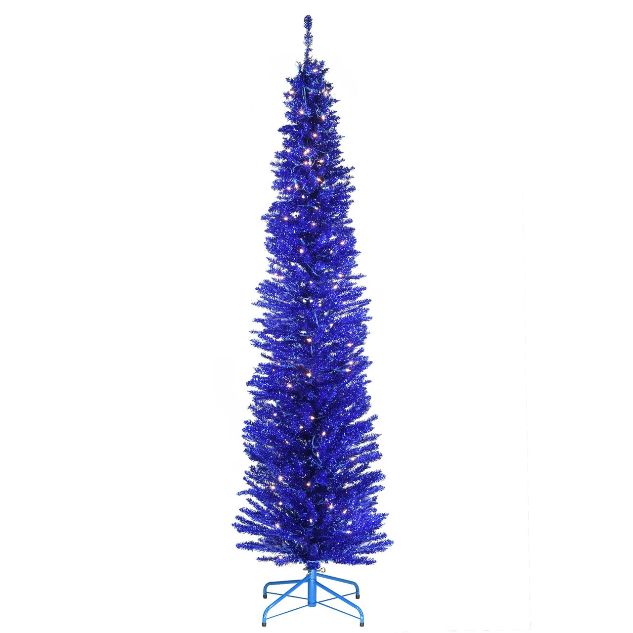 7' Pre-Lit Pencil Blue Tinsel Artificial Christmas Tree - Clear Lights 3 7' Pre-Lit Pencil Blue Tinsel Artificial Christmas Tree - Clear Lights