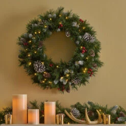24" Mixed Spruce Christmas Wreath W/50 Warm White LED Lights, Frosted Branches, Red Berries And Pine -Optimal Christmas Shop dnhhf 307396 4 42679.1667576781