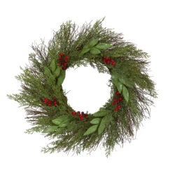 Green And Red Artificial Cedar And Ruscus With Berries Christmas Wreath, 20-Inch