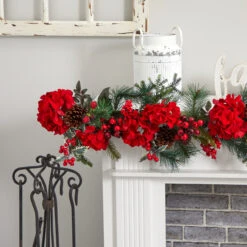 6' X 11" Red Hydrangea Artificial Christmas Garland, Unlit -Optimal Christmas Shop dnnl204663 4 87350.1681814307