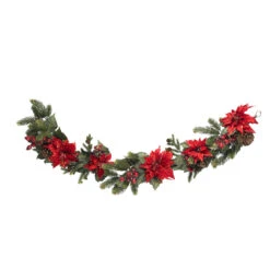 5' X 12" Artificial Poinsettia And Berries Christmas Garland, Unlit