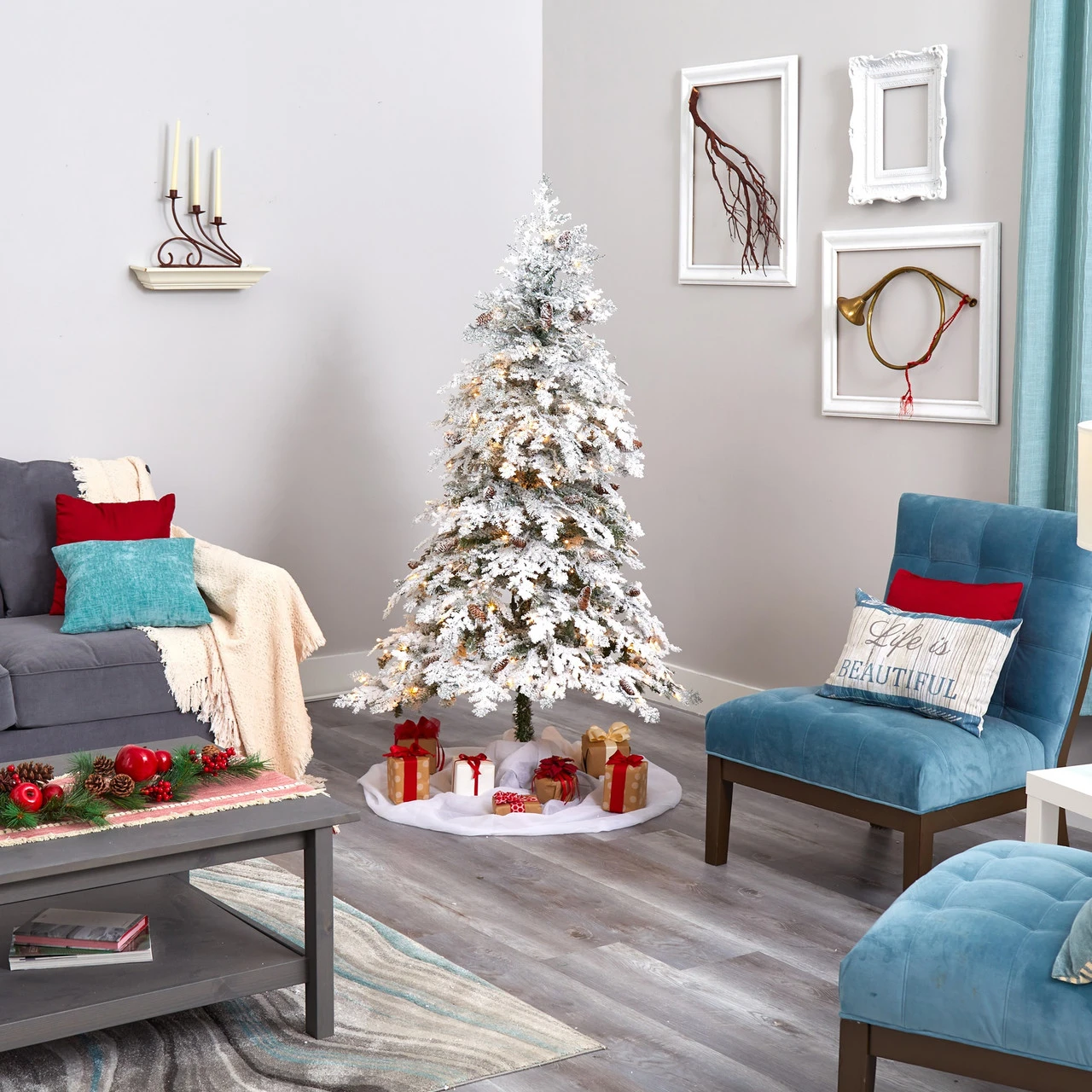 6' Pre-Lit Montana Spruce Flocked Artificial Christmas Tree, Clear LED Lights 5 6' Pre-Lit Montana Spruce Flocked Artificial Christmas Tree, Clear LED Lights - Image 3