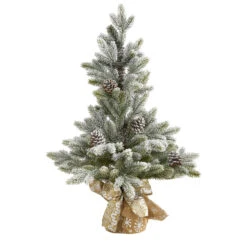 2' Potted Flocked Artificial Christmas Tree With Pinecones, Unlit