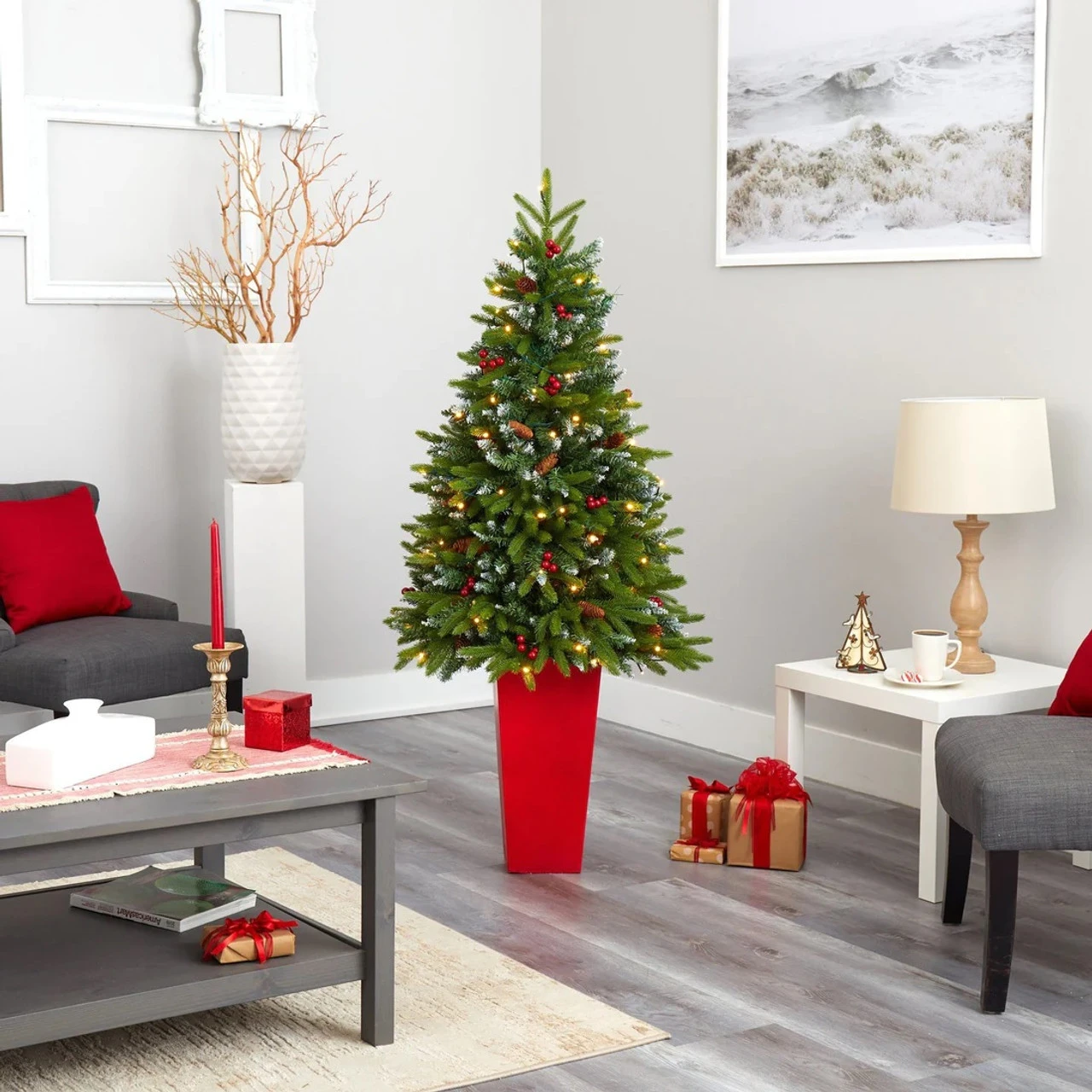 5' Pre-Lit Potted Snow Tipped Mini Artificial Christmas Tree, Clear LED Lights 5 5' Pre-Lit Potted Snow Tipped Mini Artificial Christmas Tree, Clear LED Lights - Image 3