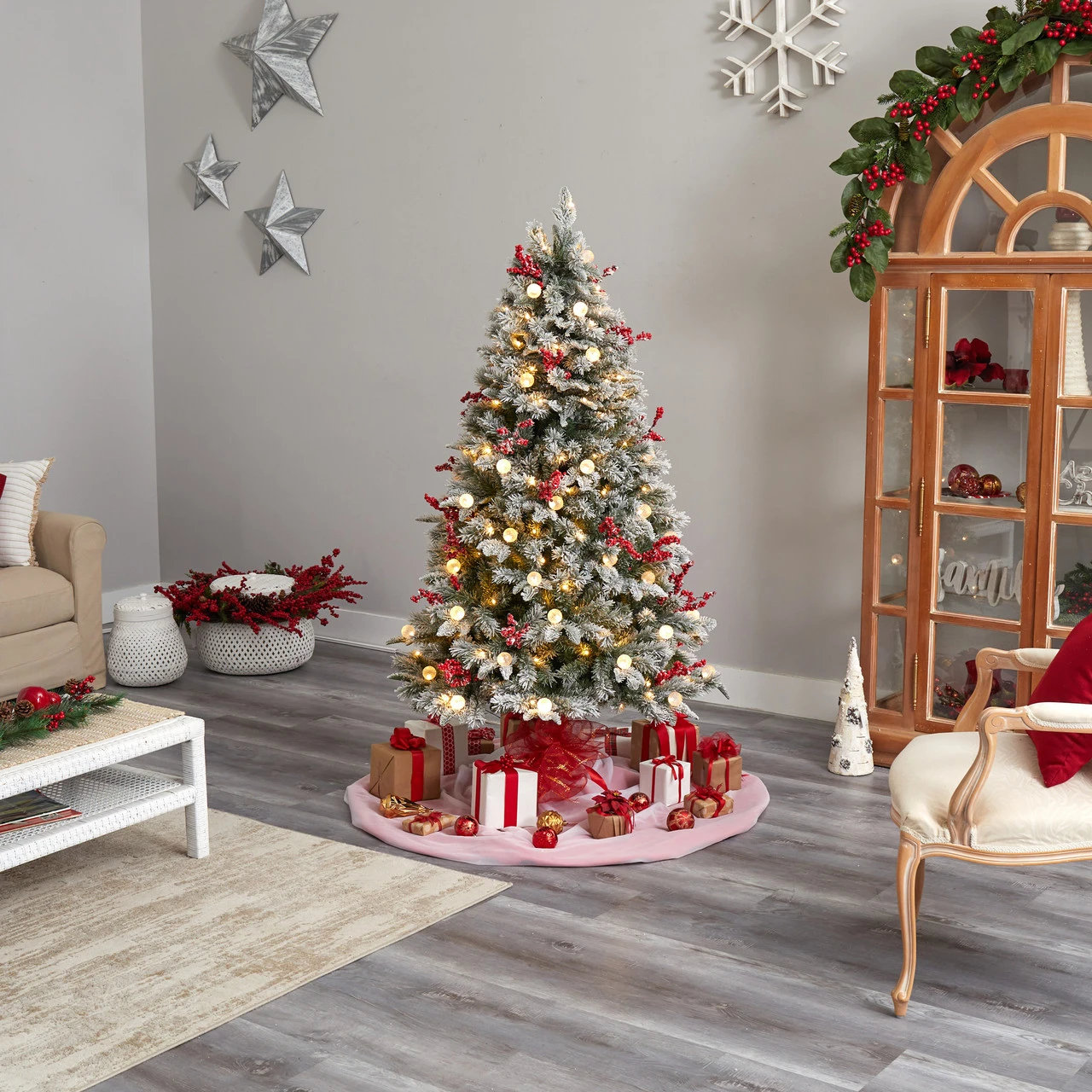 6’ Pre-Lit Flocked Artificial Christmas Tree, Warm Clear LED Lights 6 6’ Pre-Lit Flocked Artificial Christmas Tree, Warm Clear LED Lights - Image 4