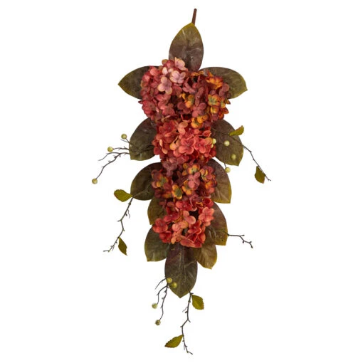 35” Hydrangea And Berries Artificial Fall Harvest Teardrop Swag, Unlit