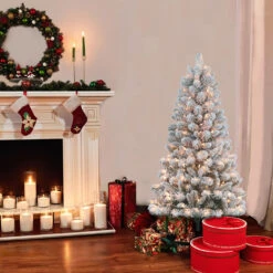 4.5' Flocked Virginia Pine Artificial Christmas Tree With Stand, Unlit -Optimal Christmas Shop dpul 0998 tf45c2 2 11121.1667544731