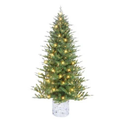 7.5' Pre-lit Potted Green Pine Medium Artificial Christmas Tree, Clear Lights