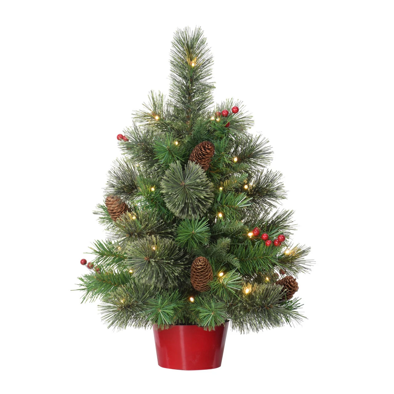 2' Pre-Lit Potted Table Top Artificial Christmas Tree In Red Base, Warm White Lights 3 2' Pre-Lit Potted Table Top Artificial Christmas Tree In Red Base, Warm White Lights