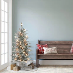 4.5' Pre-lit Potted Flocked Pine Medium Artificial Christmas Tree, Clear Lights -Optimal Christmas Shop dpul 1832 stf45c1 3 71049.1688544148