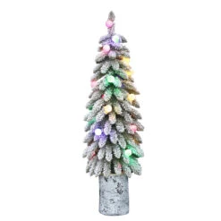 4' Pre-Lit Potted Flocked Alpine Pencil Artificial Christmas Tree, Multicolor Lights