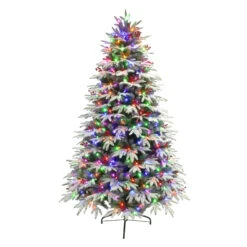 7.5' Pre-lit Flocked Halifax Fir Artificial Slim Christmas Tree, Color Select LED Lights
