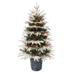 4.5' Pre-lit Potted Flocked Halifax Fir Medium Artificial Christmas Tree, Clear Lights