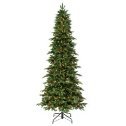 7.5' Pre-Lit Slim Spruce Artificial Christmas Tree With Glitter Accents And Clear Lights