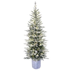6' Pre-Lit Potted Flocked Arctic Fir Christmas Tree With Warm White LED Lights
