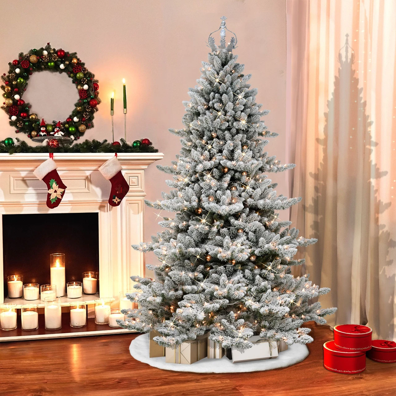 7.5' Pre-Lit Medium Flocked Spruce Silver Crown Artificial Christmas Tree, Clear Lights 4 7.5' Pre-Lit Medium Flocked Spruce Silver Crown Artificial Christmas Tree, Clear Lights - Image 2
