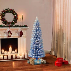 4.5' Pre-Lit Pencil Flocked Blue Artificial Christmas Tree, Clear Lights -Optimal Christmas Shop dpul tpf9612 45c1 bl 2 10621.1668756795