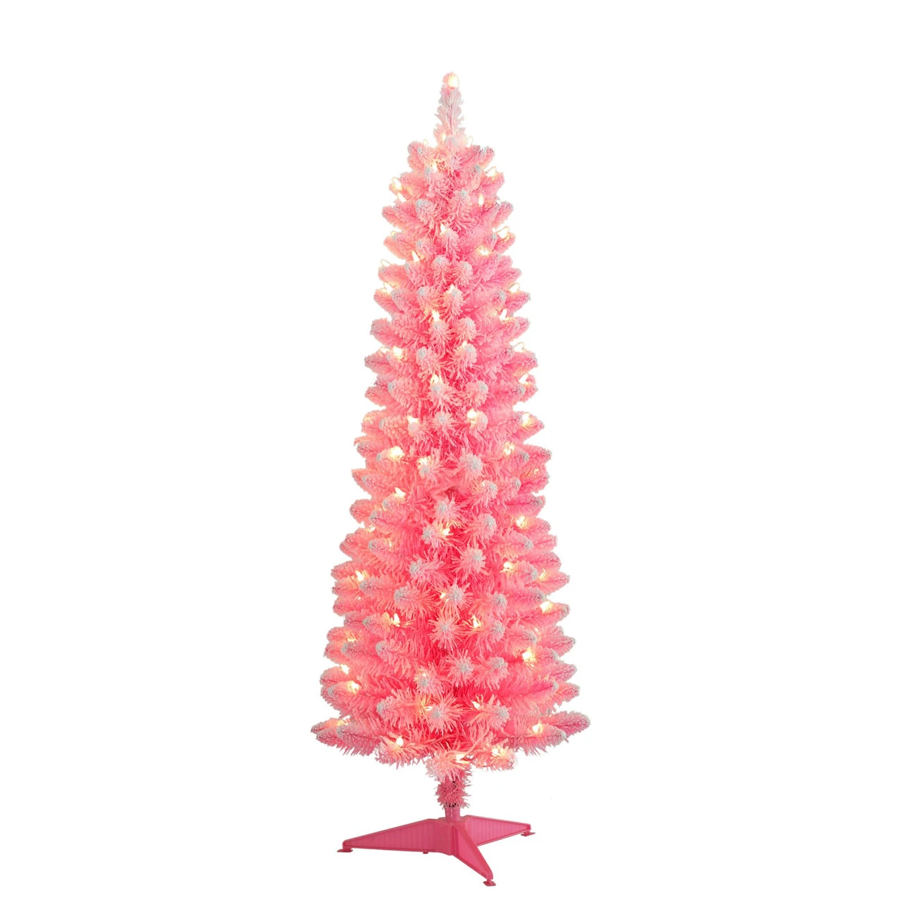4.5' Pre-Lit Pencil Flocked Pink Artificial Christmas Tree, Clear Lights 3 4.5' Pre-Lit Pencil Flocked Pink Artificial Christmas Tree, Clear Lights