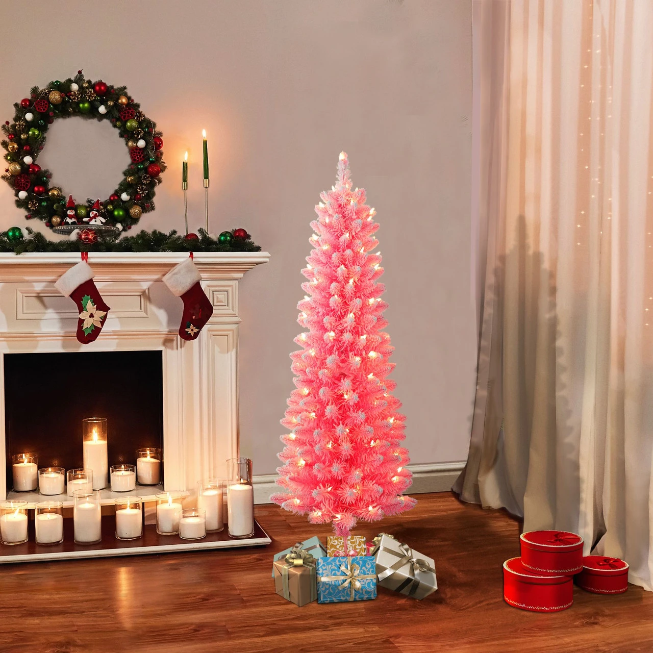 4.5' Pre-Lit Pencil Flocked Pink Artificial Christmas Tree, Clear Lights 4 4.5' Pre-Lit Pencil Flocked Pink Artificial Christmas Tree, Clear Lights - Image 2