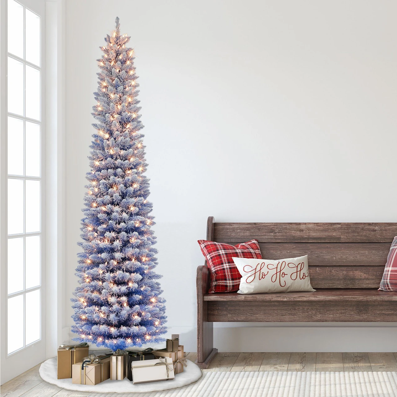 7.5' Pre-lit Flocked Fashion Blue Pencil Artificial Christmas Tree, Clear Lights 4 7.5' Pre-lit Flocked Fashion Blue Pencil Artificial Christmas Tree, Clear Lights - Image 2