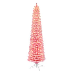 7.5' Pre-lit Flocked Fashion Pink Pencil Artificial Christmas Tree, Clear Lights