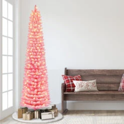 7.5' Pre-lit Flocked Fashion Pink Pencil Artificial Christmas Tree, Clear Lights -Optimal Christmas Shop dpul tpf9612 75c3 pk 2 85216.1688154562