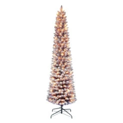 7.5' Pre-lit Flocked Fashion Purple Pencil Artificial Christmas Tree, Clear Lights