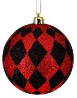Set Of 6 Red And Black Glittered Harlequin Ball Ornament, 11.5" (100mm)