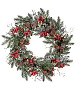 Green, Red, And Brown Sequin Berries And Hollies Christmas Wreath -24-Inch, Unlit