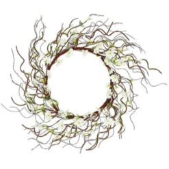 Twiggy Cherry Blossoms Artificial Spring Wreath, White And Brown 24-Inch