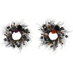 Set Of 2 Black And Grey Plastic Halloween Skull And Flower Wreath 24"