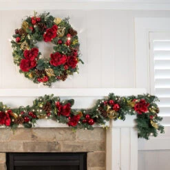 30" Battery Operated Green And Red Magnolia LED Artificial Christmas Wreath - White Lights -Optimal Christmas Shop dvlc v 11092 003 66805.1667667503