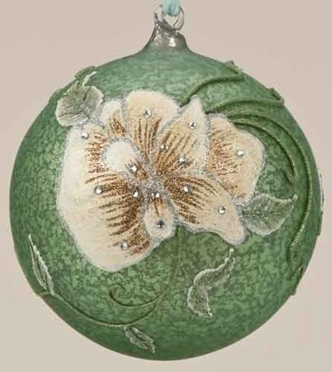 6.25" Green And Ivory Glittered Floral Christmas Ornament 3 6.25" Green And Ivory Glittered Floral Christmas Ornament