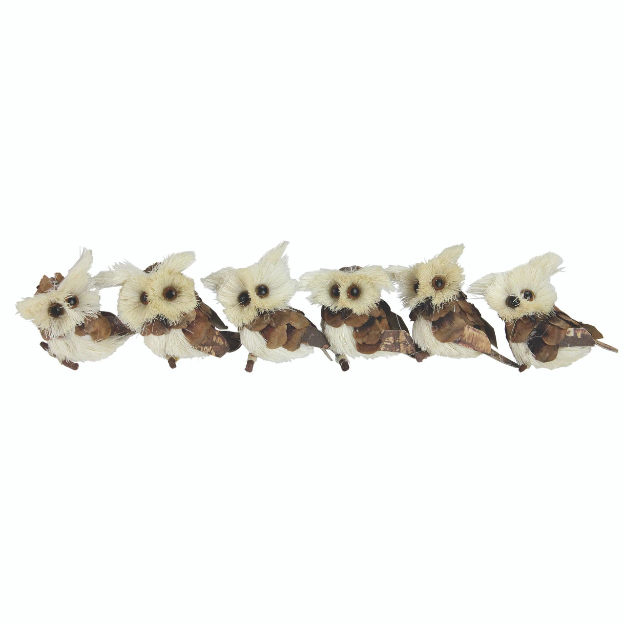 Set Of 6 Brown And Ivory Sisal Owls Christmas Ornaments, 2.25" 3 Set Of 6 Brown And Ivory Sisal Owls Christmas Ornaments, 2.25"
