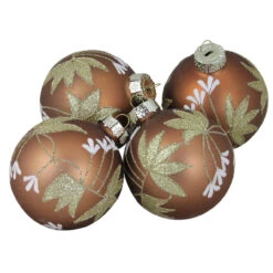 4ct Brown And Gold 2-Finish Floral Glass Christmas Ball Ornaments 3.25" (80mm)