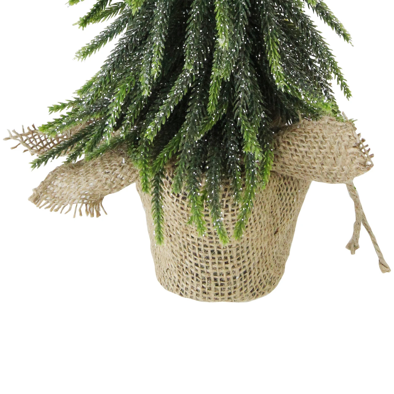 14" Green Glitter Weeping Mini Pine Christmas Tree In Burlap Covered Vase - Unlit 6 14" Green Glitter Weeping Mini Pine Christmas Tree In Burlap Covered Vase - Unlit - Image 4
