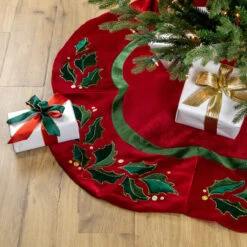 48" Red And Green Velveteen Holly Christmas Tree Skirt