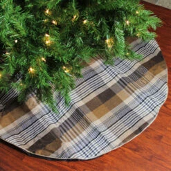 48" Brown Plaid Rustic Woodland Christmas Tree Skirt With Gold Trim