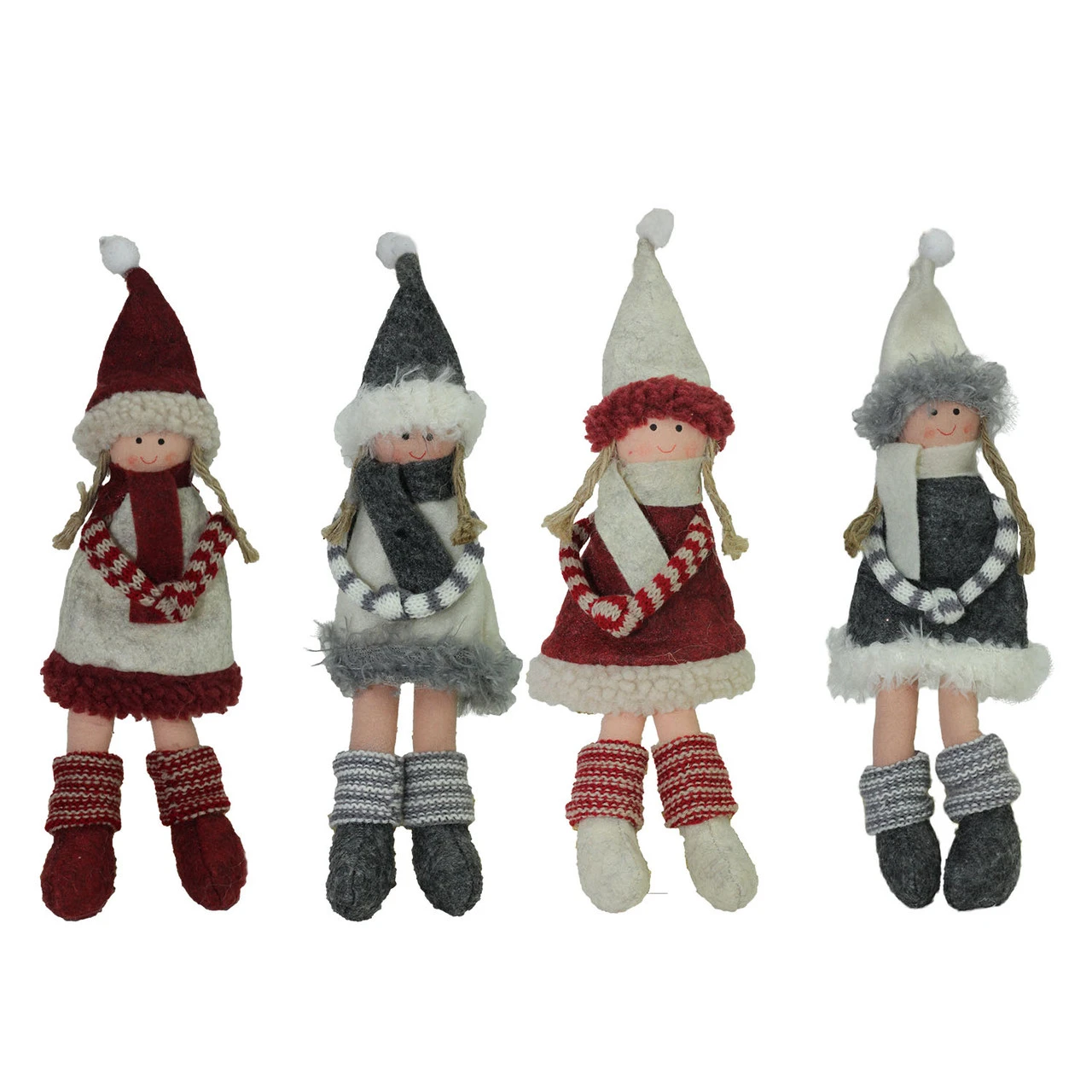 4ct Red And Gray Girls With Scarves Christmas Doll Ornaments 12" 3 4ct Red And Gray Girls With Scarves Christmas Doll Ornaments 12"